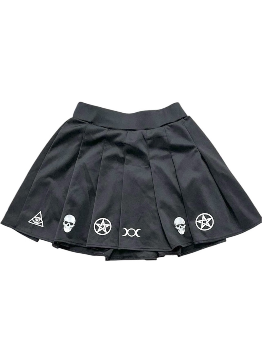 BODY RAGE Black Pleated Mini Skirt Occult Mystic Goth Skulls Festival Sz Large - Picture 2 of 12
